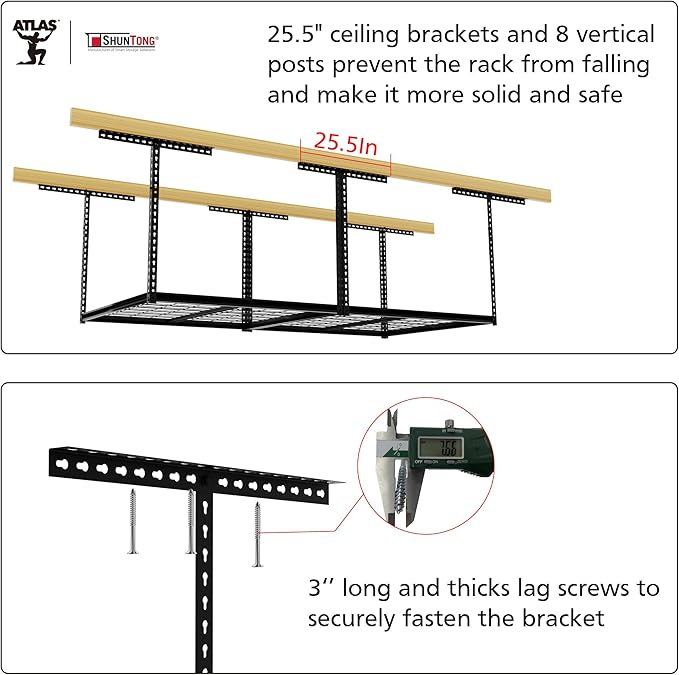 The Atlas 4 x 8 ft Adjustable Height Overhead Garage Storage Rack 900 lbs Heavy Duty Capacity Hammertone Finish