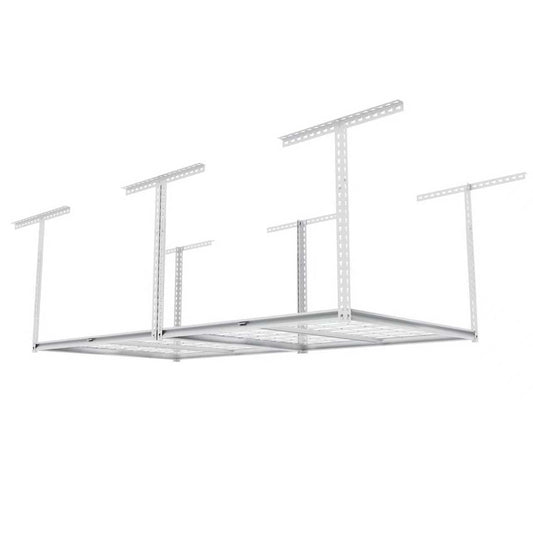 The Atlas 4 x 8 ft Adjustable Height Overhead Garage Storage Rack 900 lbs Heavy Duty Capacity White