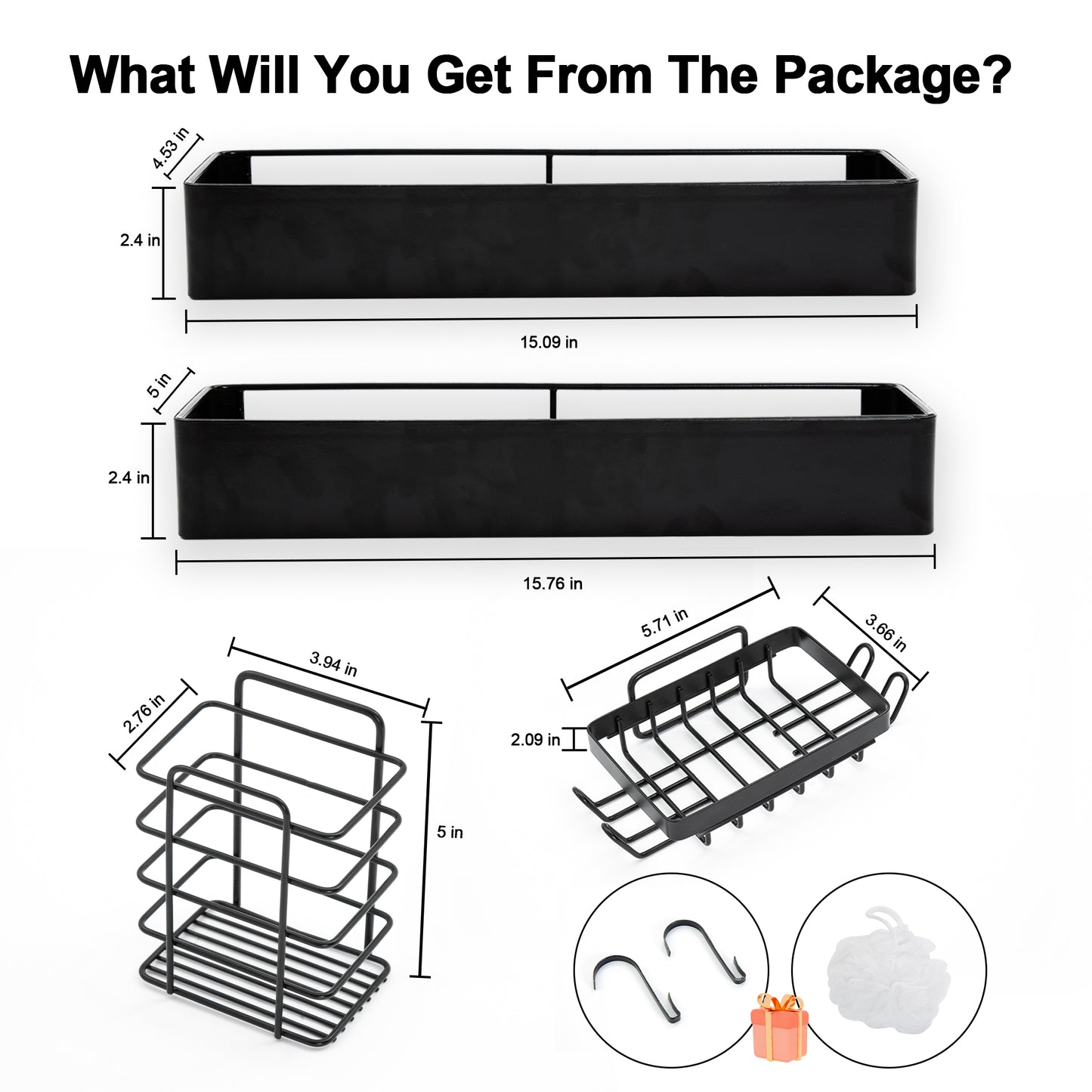 Premium Shower Caddy, Adhesive Bathroom Shower Organizer and Storage, No Drill Shower Shelves for Inside Shower, Rustproof Shower Storage Rack 2 Pack Black