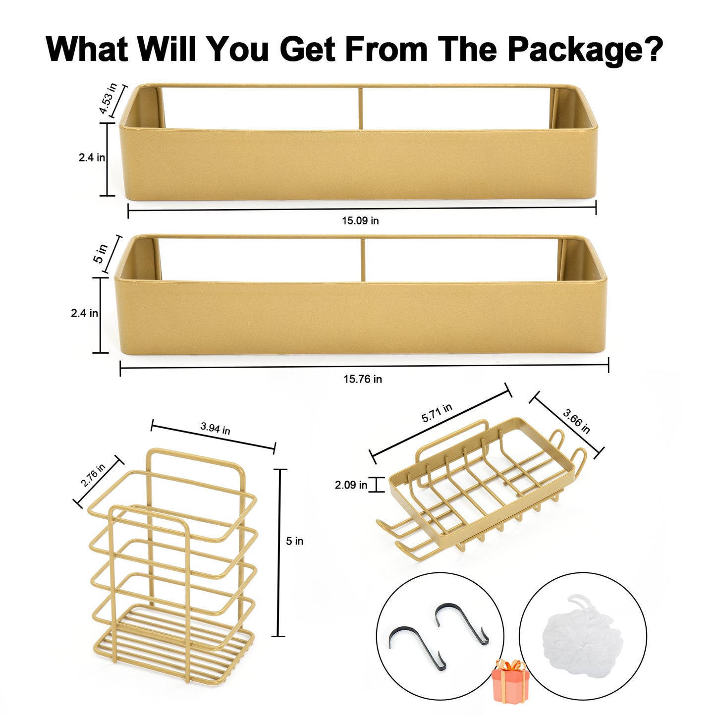 Premium Shower Caddy, Adhesive Bathroom Shower Organizer and Storage, No Drill Shower Shelves for Inside Shower, Rustproof Shower Storage Rack 2 Pack Gold