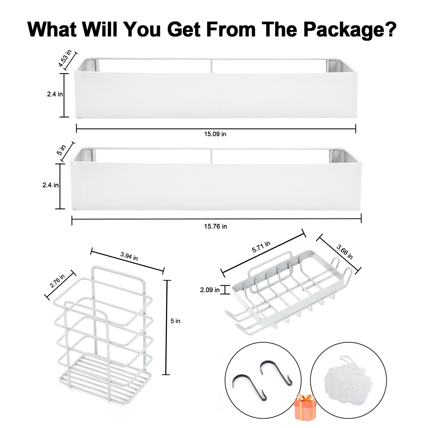 Premium Shower Caddy, Adhesive Bathroom Shower Organizer and Storage, No Drill Shower Shelves for Inside Shower, Rustproof Shower Storage Rack 2 Pack White