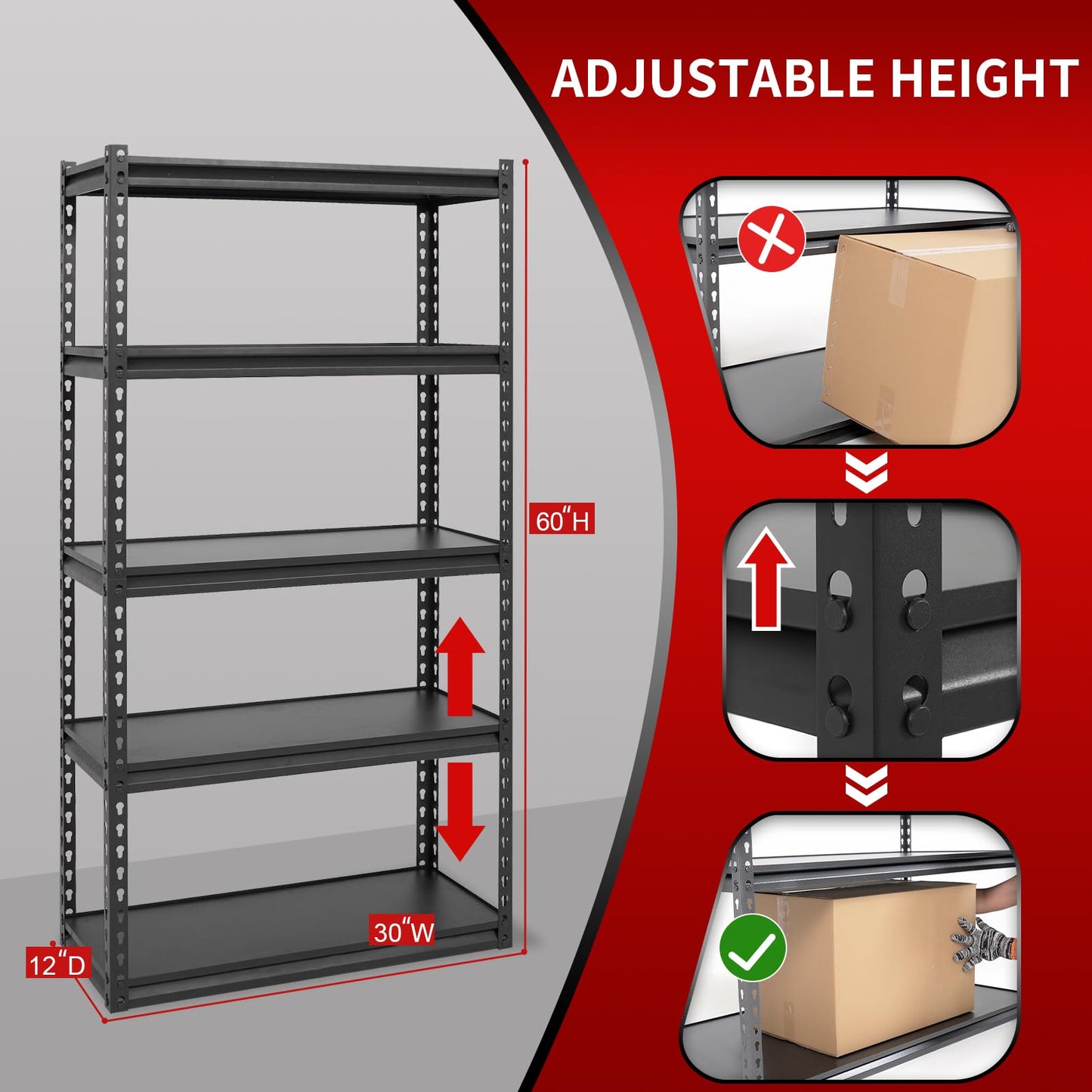 Shuntong The Atlas Shelving 30" W x 12" D x 60" H Storage Shelves Load 2000 Lbs, 5 Tier Laminated Board Metal Garage Shelving Unit, Black