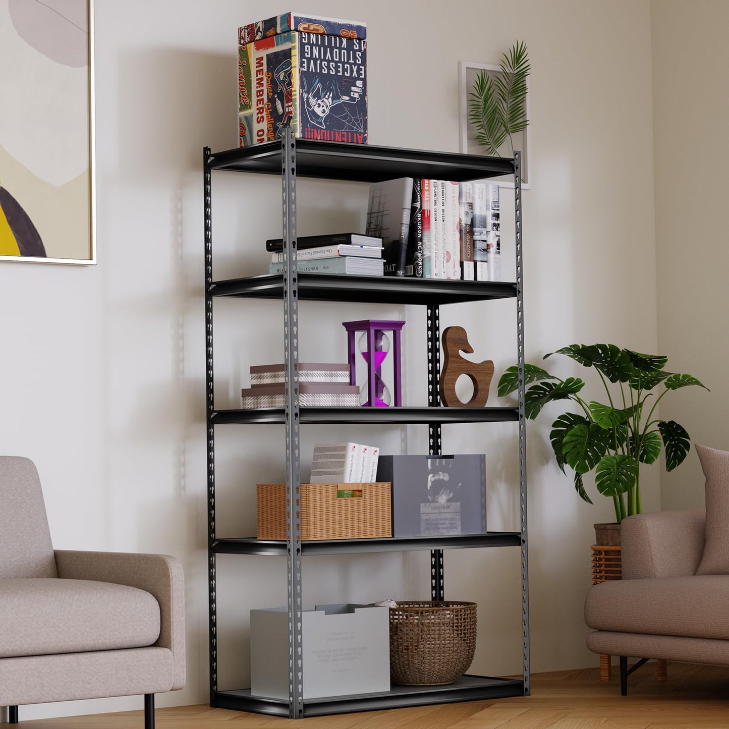 Shuntong The Atlas Shelving 36" W x 18" D x 72" H Adjustable Garage Storage Shelves Load 4000 lbs, 5 Tier Heavy Duty Laminated Board Shelving Unit, Black