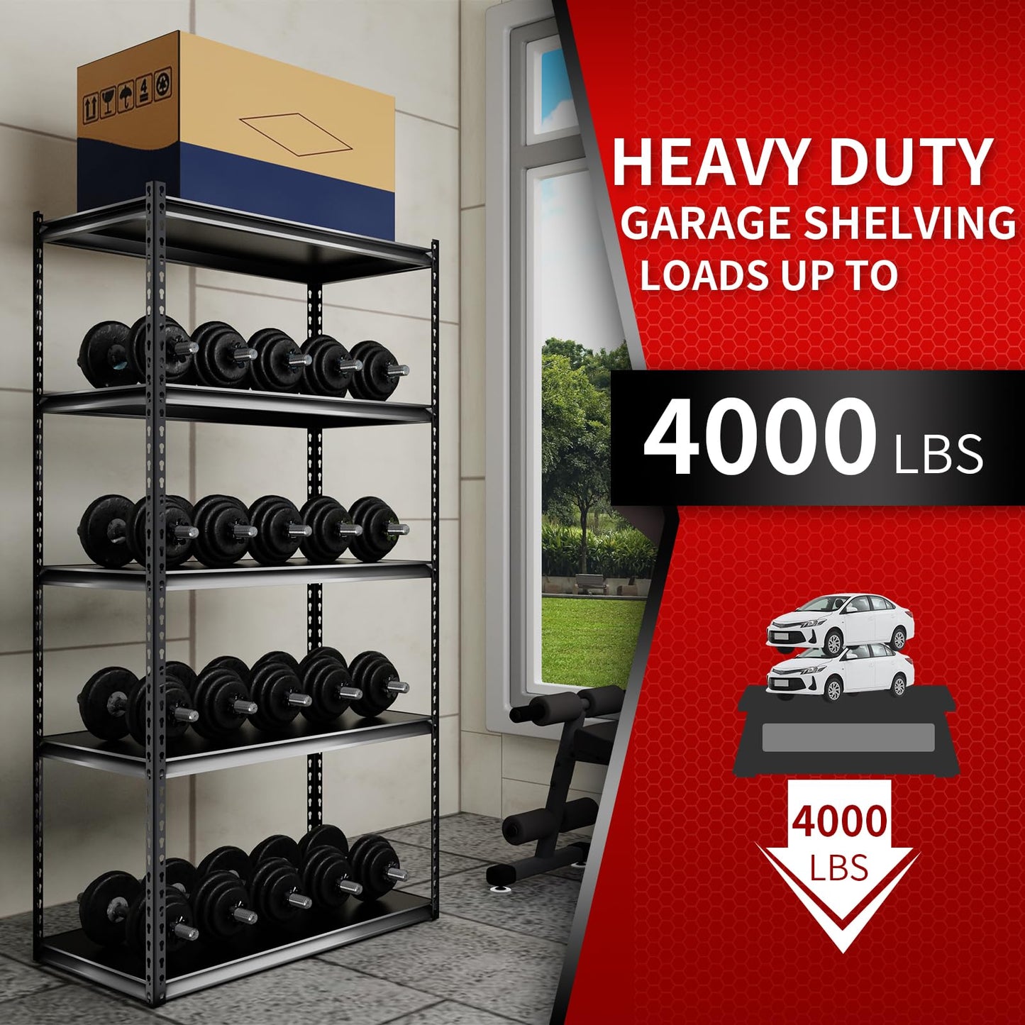 Shuntong The Atlas Shelving 36" W x 18" D x 72" H Adjustable Garage Storage Shelves Load 4000 lbs, 5 Tier Heavy Duty Laminated Board Shelving Unit, Black