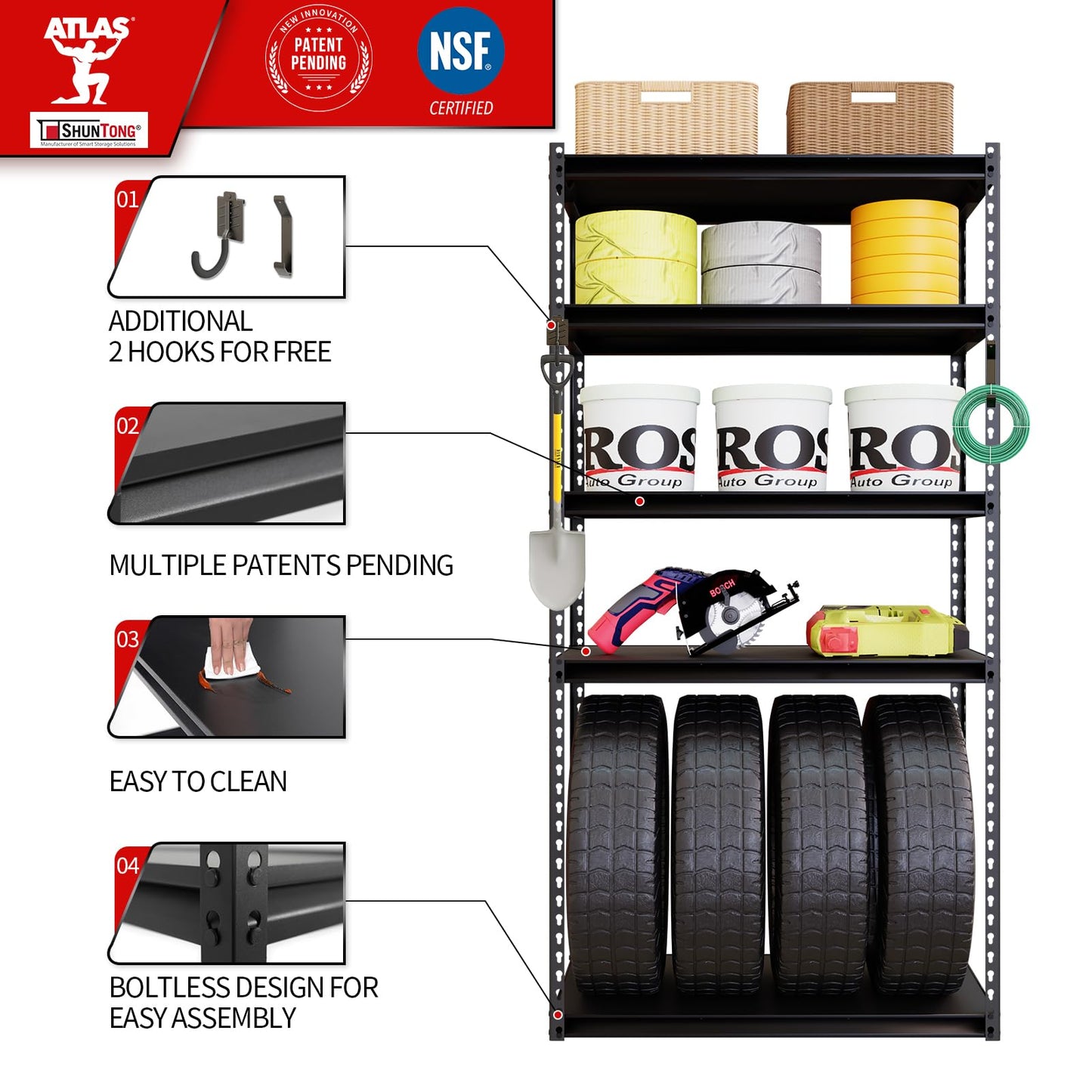 Shuntong The Atlas Shelving 36" W x 18" D x 72" H Adjustable Garage Storage Shelves Load 4000 lbs, 5 Tier Heavy Duty Laminated Board Shelving Unit, Black