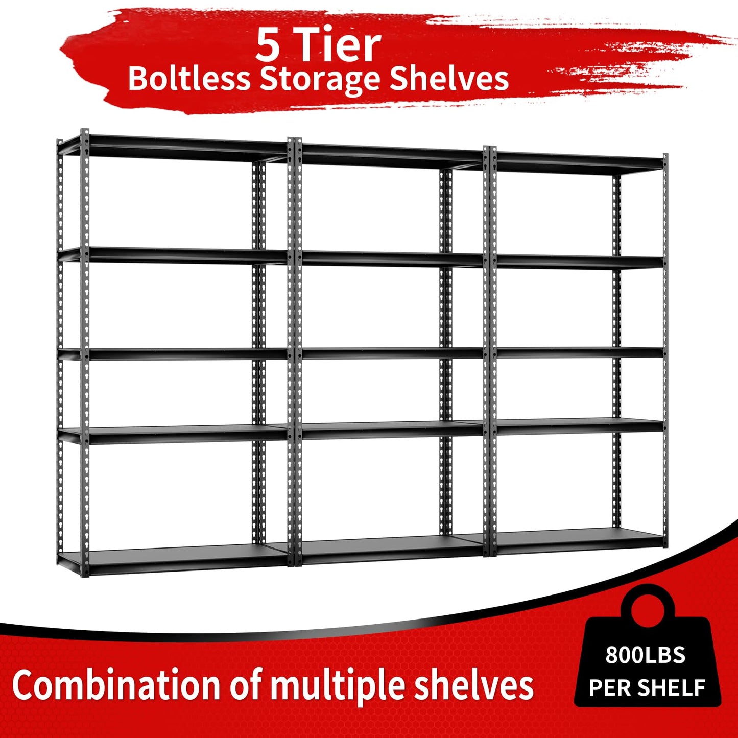 Shuntong The Atlas Shelving 36" W x 18" D x 72" H Adjustable Garage Storage Shelves Load 4000 lbs, 5 Tier Heavy Duty Laminated Board Shelving Unit, Black