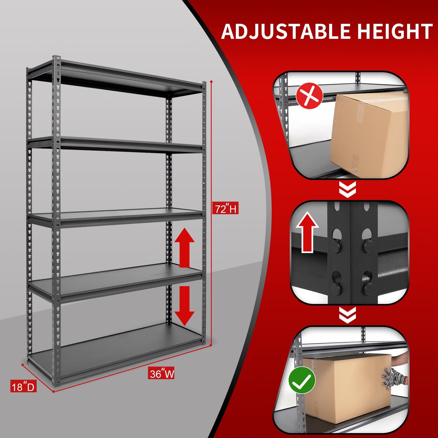 Shuntong The Atlas Shelving 36" W x 18" D x 72" H Adjustable Garage Storage Shelves Load 4000 lbs, 5 Tier Heavy Duty Laminated Board Shelving Unit, Dark Grey