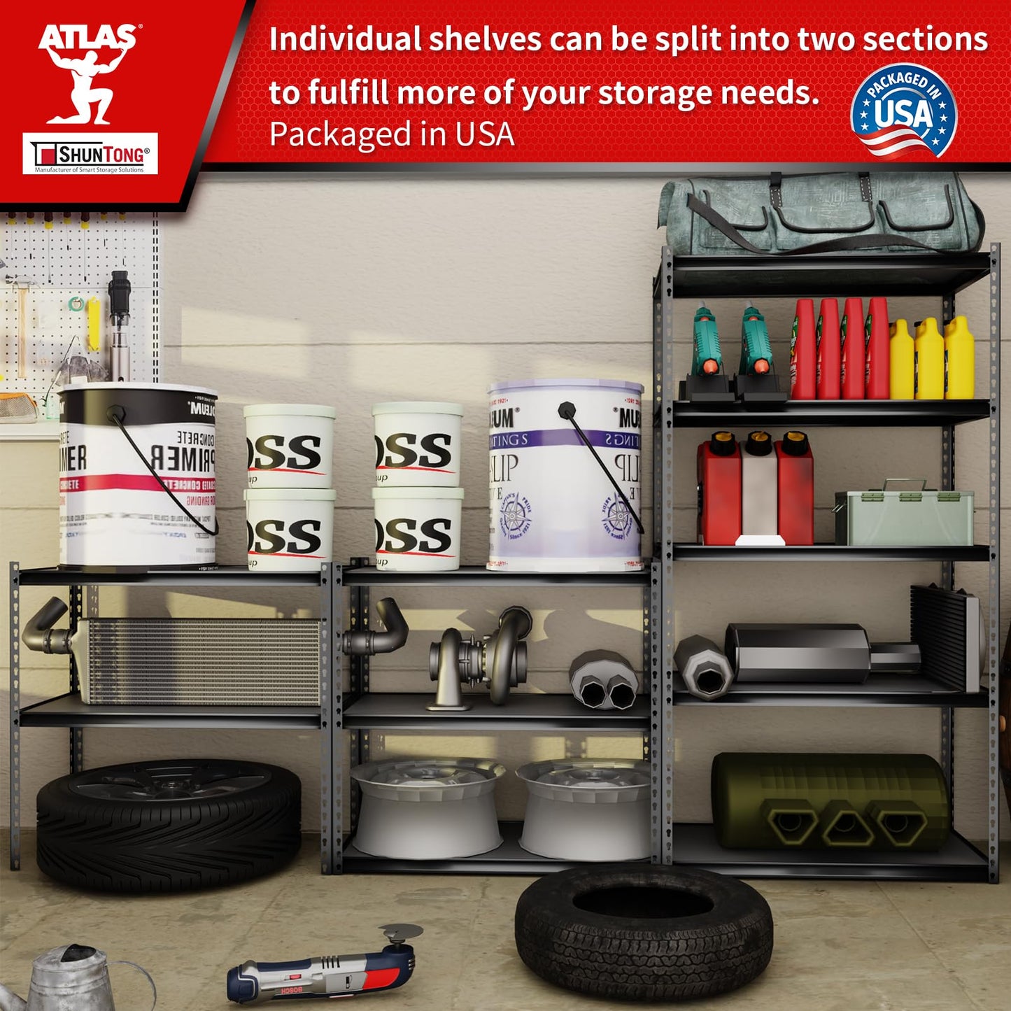 Shuntong The Atlas Shelving 36" W x 18" D x 72" H Adjustable Garage Storage Shelves Load 4000 lbs, 5 Tier Heavy Duty Laminated Board Shelving Unit, Dark Grey