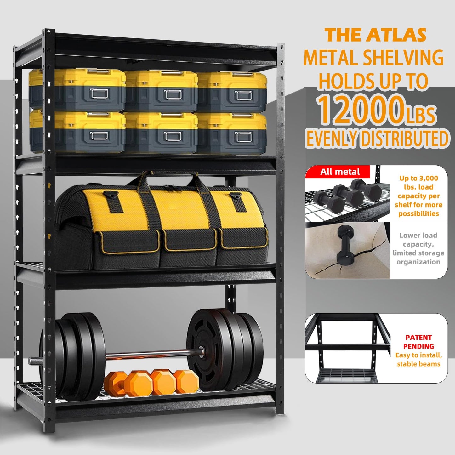 Shuntong The Atlas Shelving 48" W Heavy Duty Garage Shelving Unit Load 12000 Lbs, Metal Wire Deck Shelves for Storage 48" W x 24" D x 72" H, Black