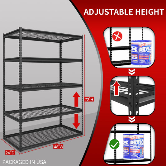Shuntong The Atlas Shelving 48 W x 24 D x 72 H Adjustable Garage Storage Shelves Load 4000 lbs, 5 Tier Heavy Duty Wire Deck Shelving Unit, Black