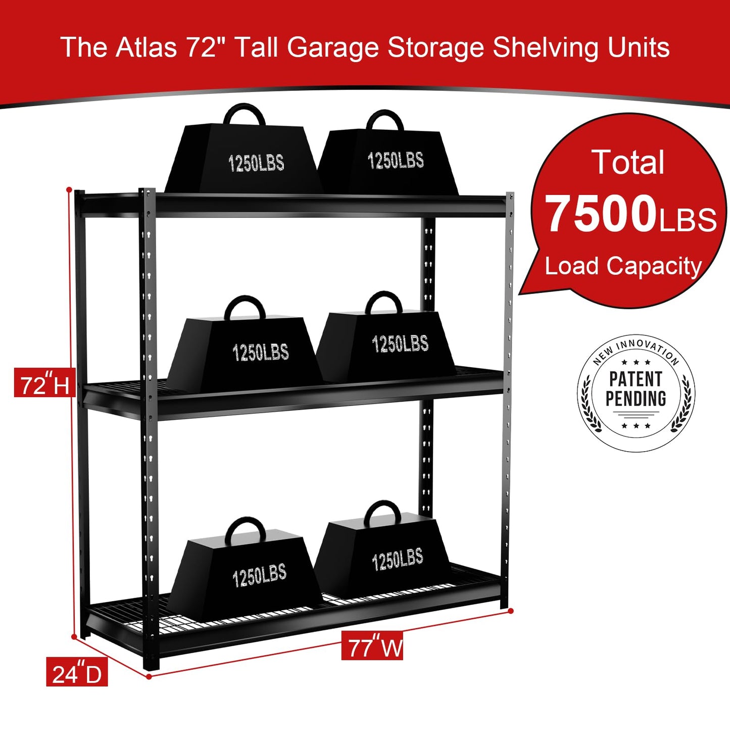 Shuntong The Atlas Shelving 72 H Metal Garage Shelving Unit, 3-Tier Heavy Duty Storage Shelves, 7500 LBS Load Capacity, Industrial Steel Shelf Rack, 77”W x 24”D x 72”H