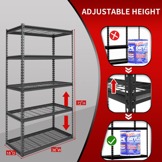Shuntong The Atlas Shelving 36 W x 18 D x 72 H Adjustable Garage Storage Shelves Load 4000 lbs, 5 Tier Heavy Duty Wire Deck Shelving Unit, Black