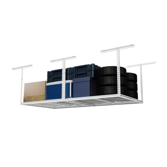 The Atlas Pro 4 x 8 ft Overhead Garage Storage Rack, Ultra Duty 1250lbs Weight Capacity, Adjustable Height 26"-48", White