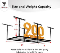 The Atlas 4 x 8 ft Adjustable Height Overhead Garage Storage Rack 900 lbs Heavy Duty Capacity Hammertone Finish
