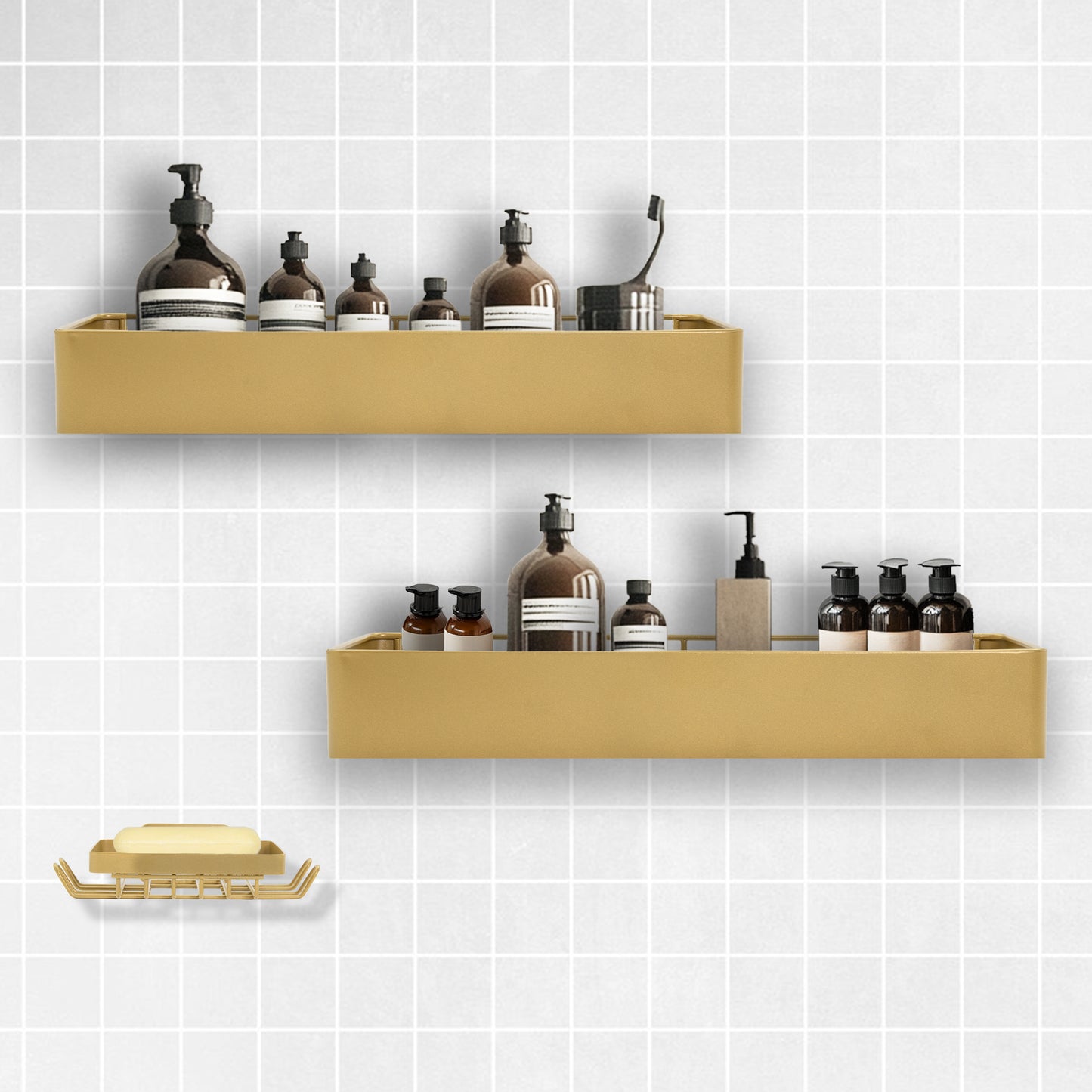 Premium Shower Caddy, Adhesive Bathroom Shower Organizer and Storage, No Drill Shower Shelves for Inside Shower, Rustproof Shower Storage Rack 2 Pack Gold