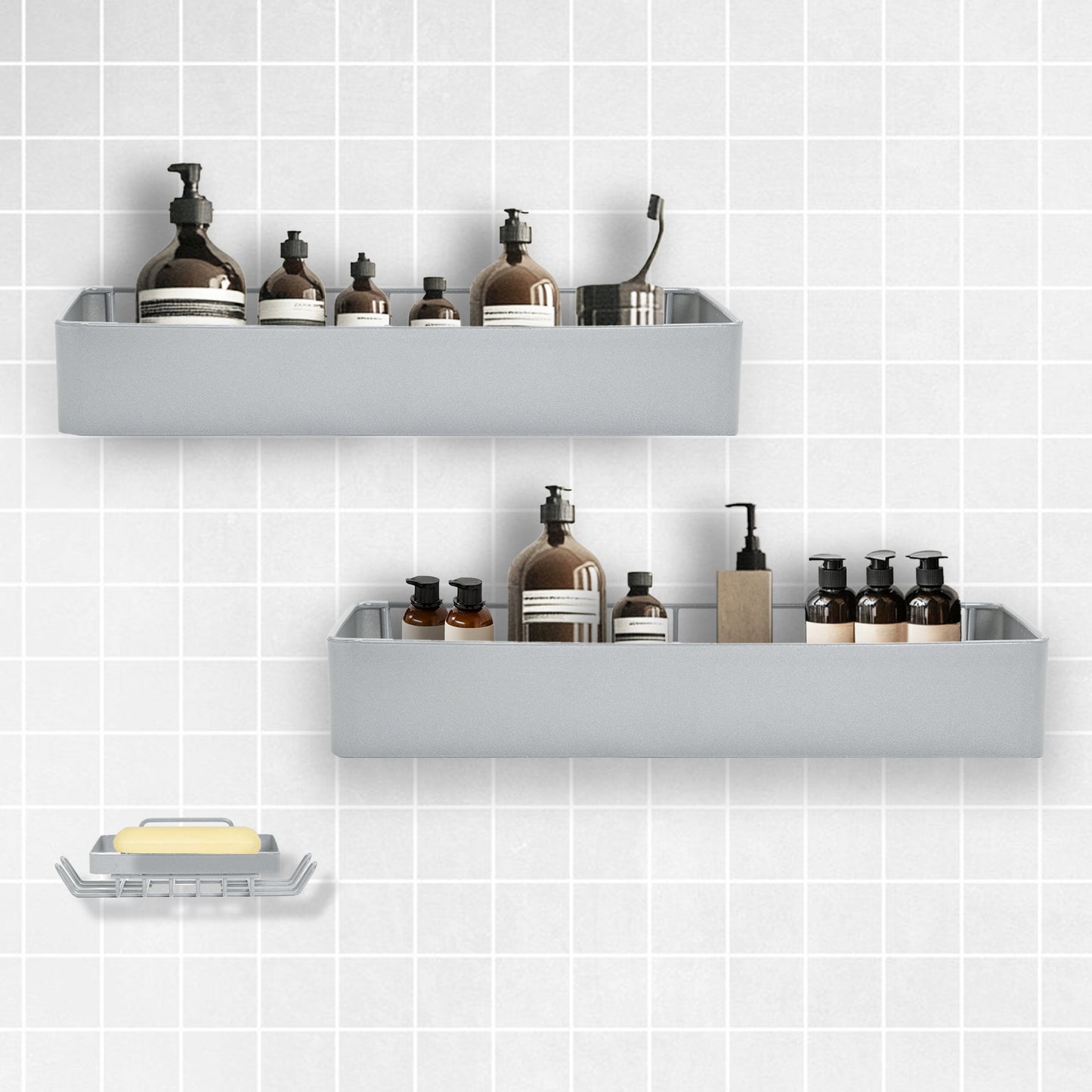 Premium Shower Caddy, Adhesive Bathroom Shower Organizer and Storage, No Drill Shower Shelves for Inside Shower, Rustproof Shower Storage Rack 2 Pack Silver
