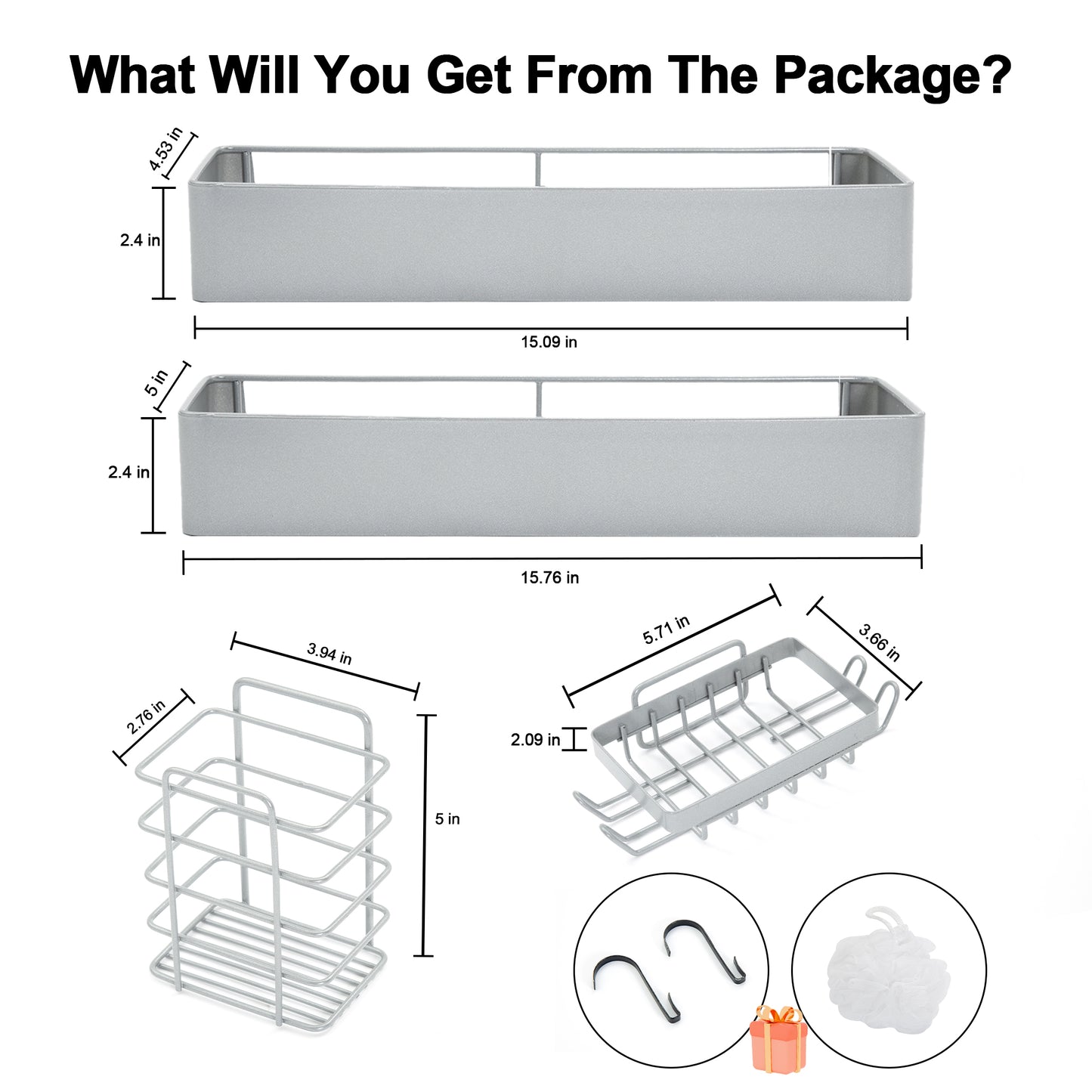 Premium Shower Caddy, Adhesive Bathroom Shower Organizer and Storage, No Drill Shower Shelves for Inside Shower, Rustproof Shower Storage Rack 2 Pack Silver