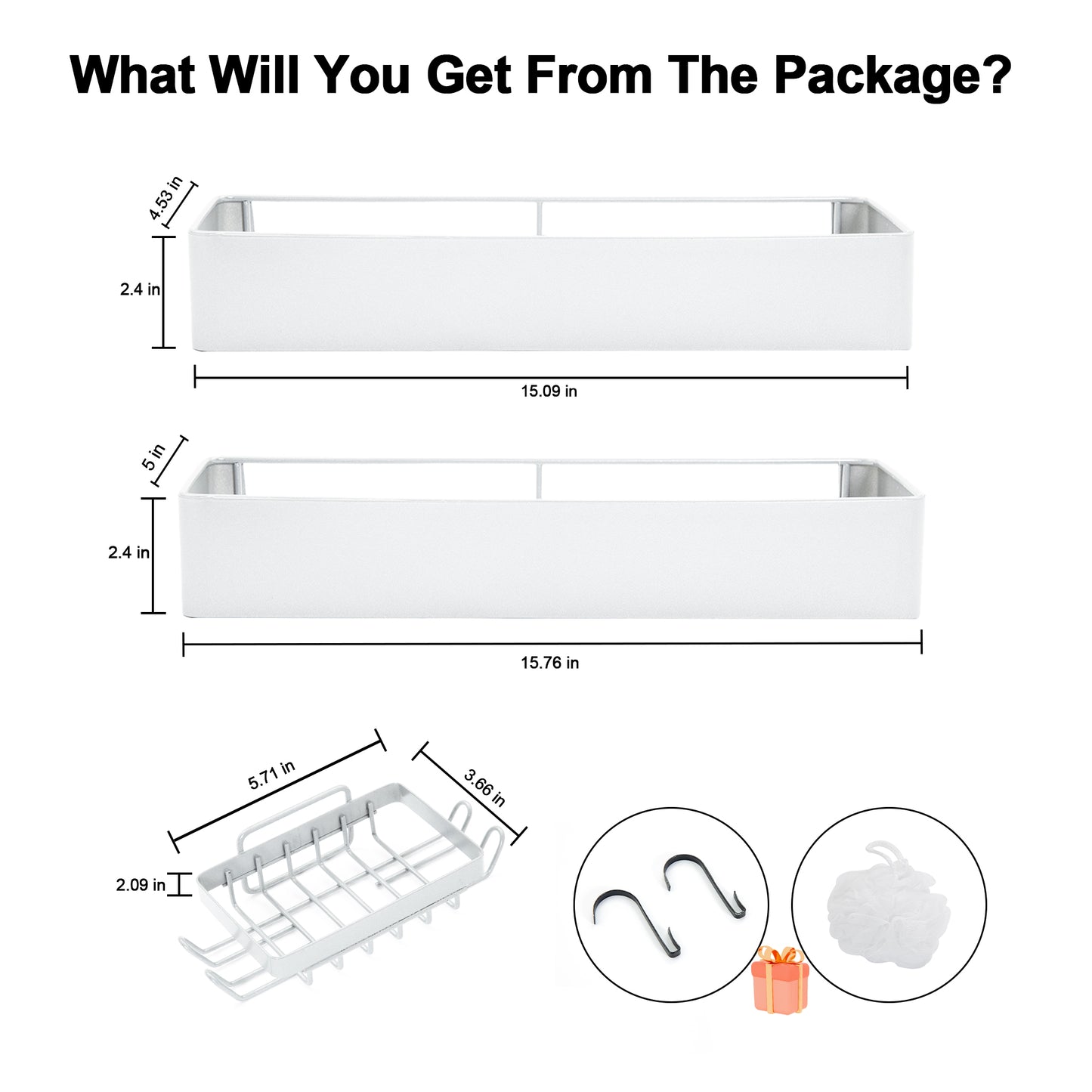 Premium Shower Caddy, Adhesive Bathroom Shower Organizer and Storage, No Drill Shower Shelves for Inside Shower, Rustproof Shower Storage Rack 2 Pack White