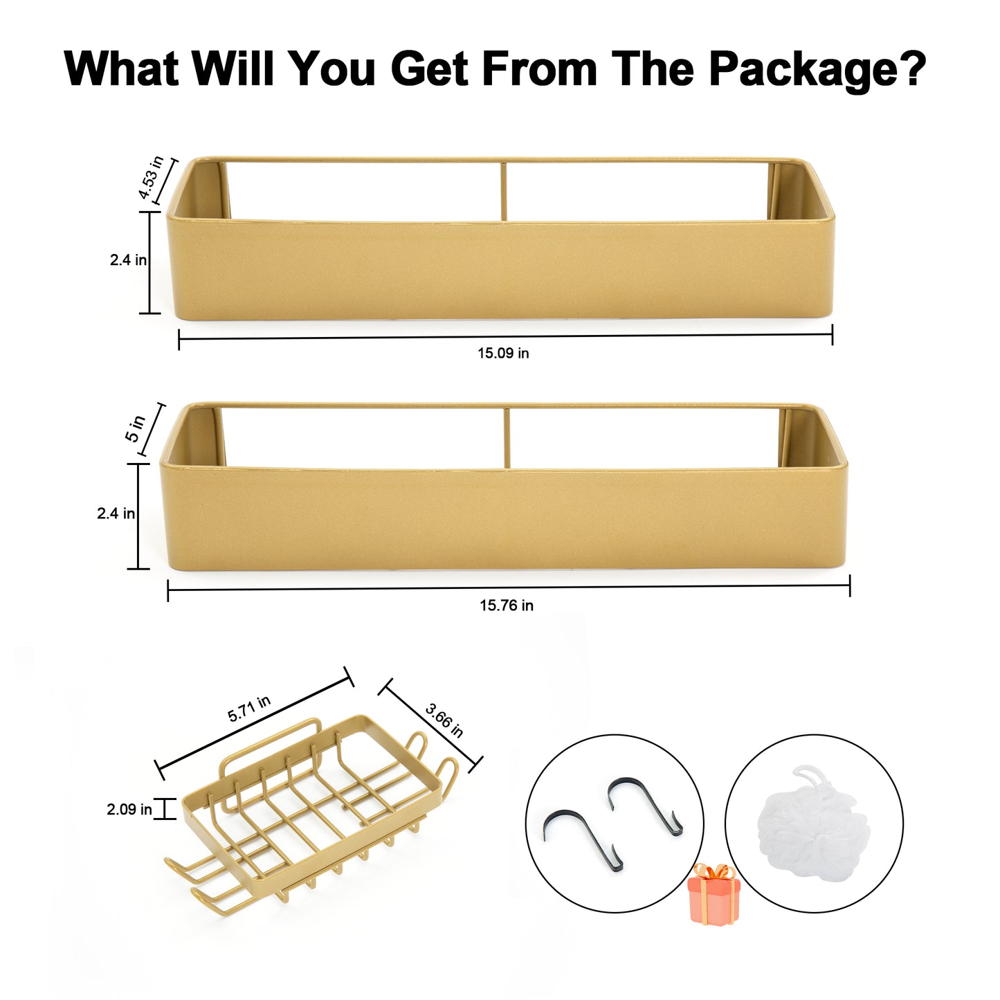 Premium Shower Caddy, Adhesive Bathroom Shower Organizer and Storage, No Drill Shower Shelves for Inside Shower, Rustproof Shower Storage Rack 2 Pack Gold