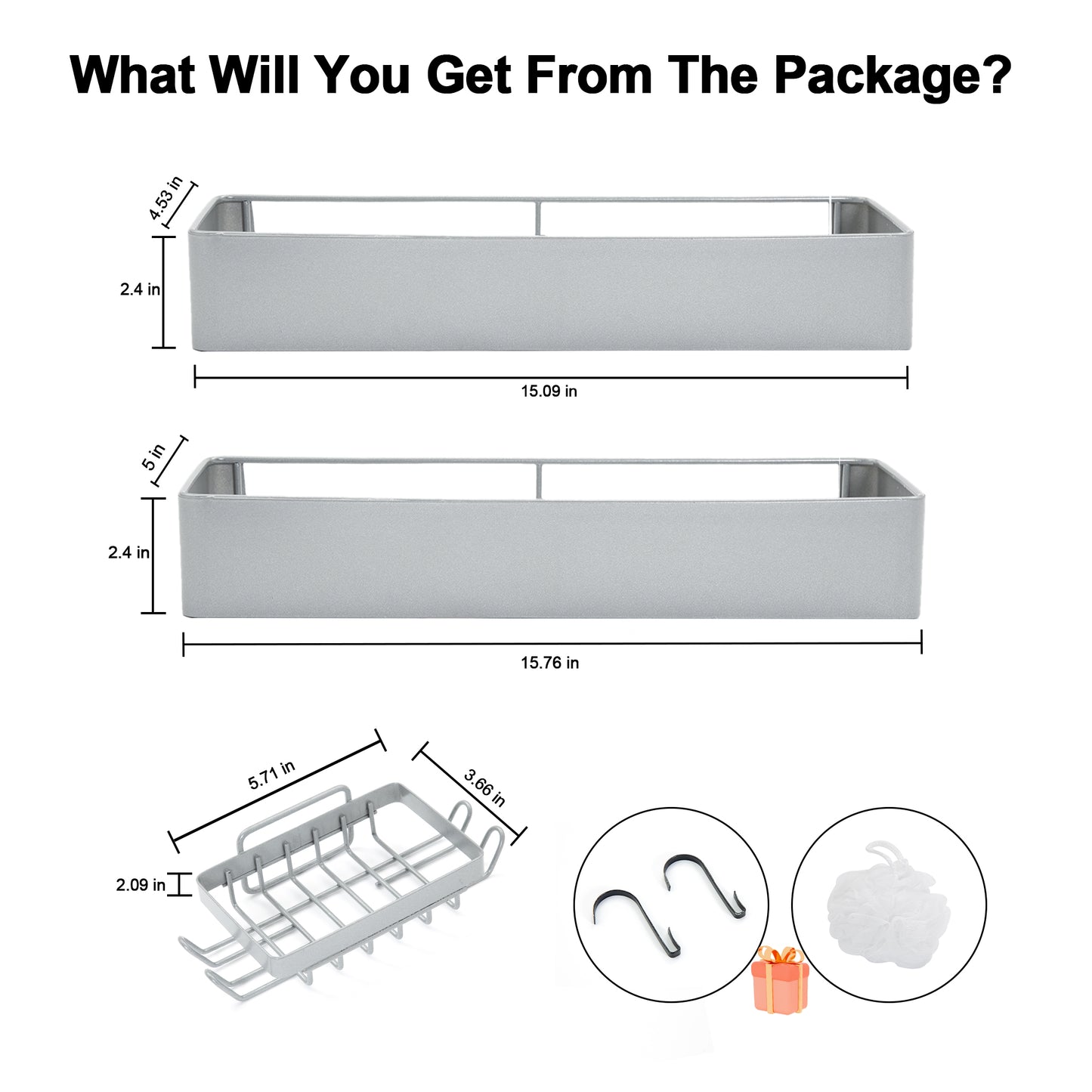 Premium Shower Caddy, Adhesive Bathroom Shower Organizer and Storage, No Drill Shower Shelves for Inside Shower, Rustproof Shower Storage Rack 2 Pack Silver