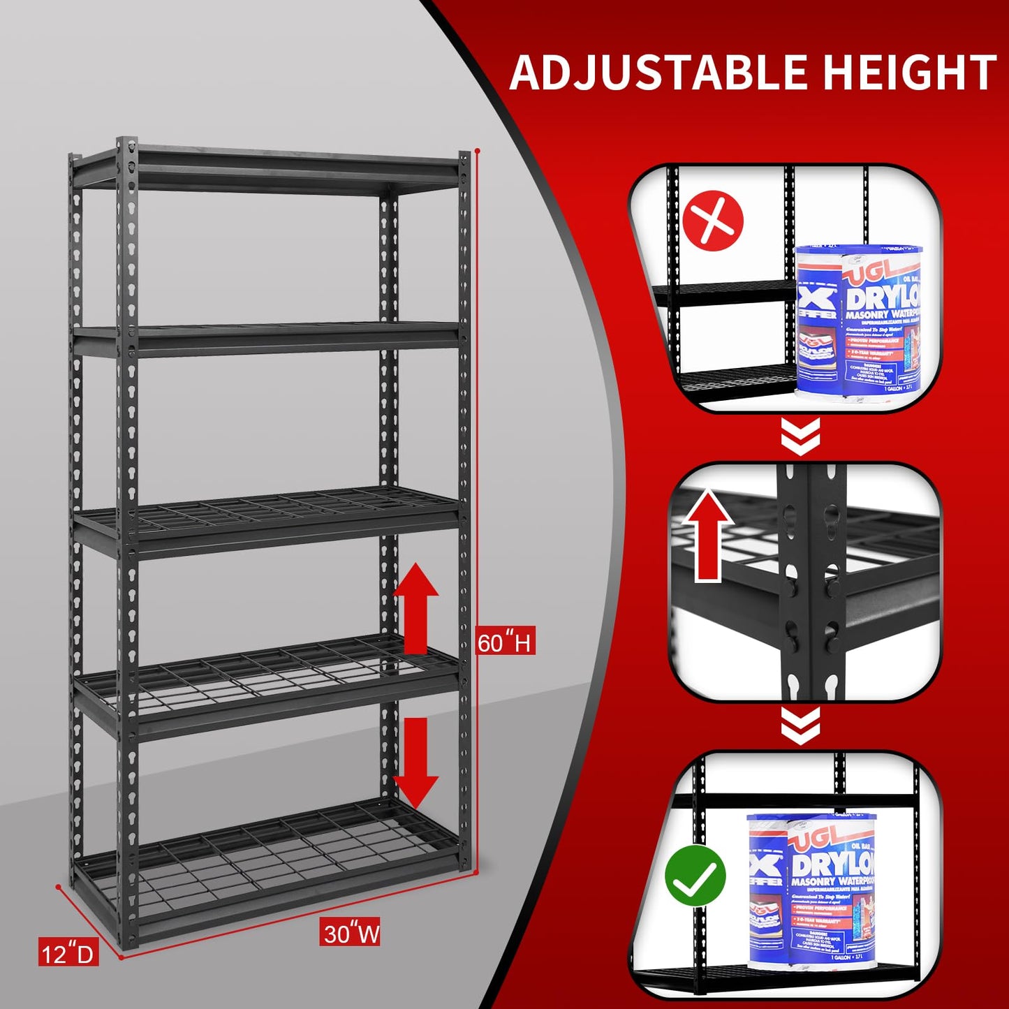 Shuntong The Atlas Shelving 30" W x 12" D x 60" H Adjustable Garage Storage Shelves Load 2500 lbs, 5 Tier Heavy Duty Shelving Unit, Metal Utility Storage Rack for Warehouse Pantry Basement Kitchen, Black