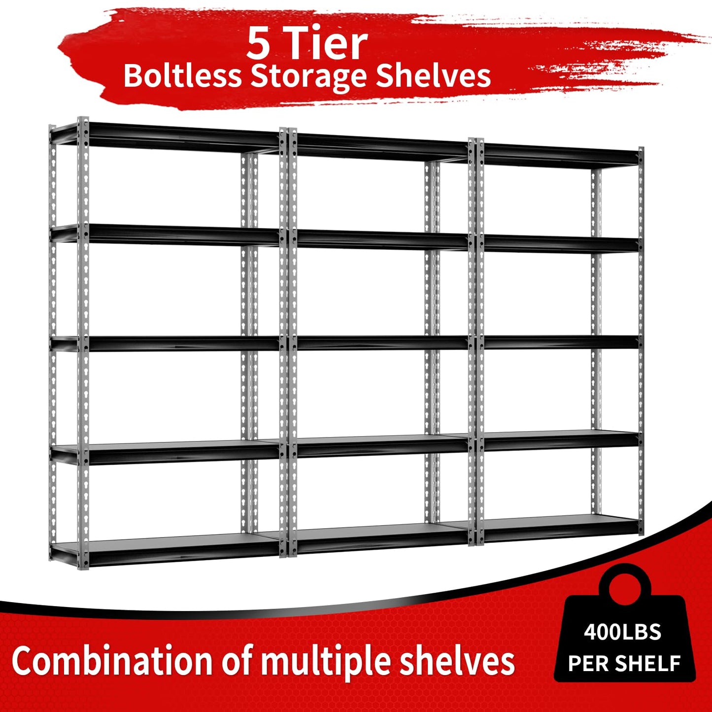 Shuntong The Atlas Shelving 30" W x 12" D x 60" H Storage Shelves Load 2000 Lbs, 5 Tier Laminated Board Metal Garage Shelving Unit, Black