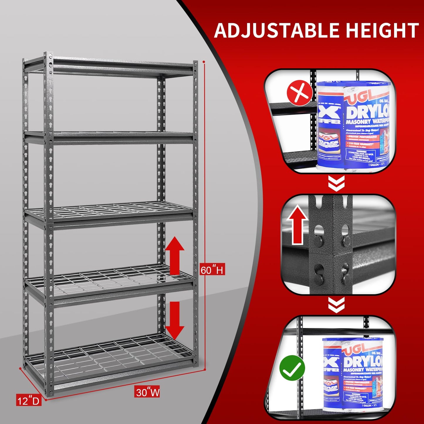 Shuntong The Atlas Shelving 30 W x 12 D x 60 H Adjustable Garage Storage Shelves Load 2500 lbs, 5 Tier Heavy Duty Shelving Unit, Metal Utility Storage Rack for Warehouse Pantry Basement Kitchen, Dark Grey