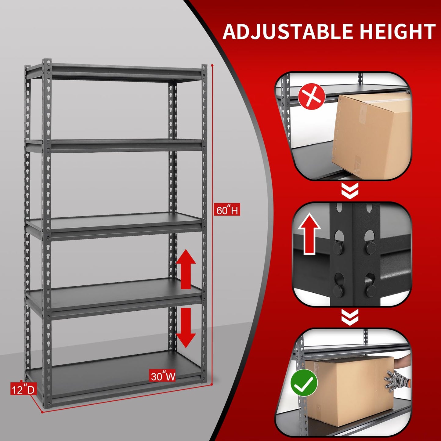 Shuntong The Atlas Shelving 30" W x 12" D x 60" H Storage Shelves Load 2000 Lbs, 5 Tier Laminated Board Metal Garage Shelving Unit, Dark Grey