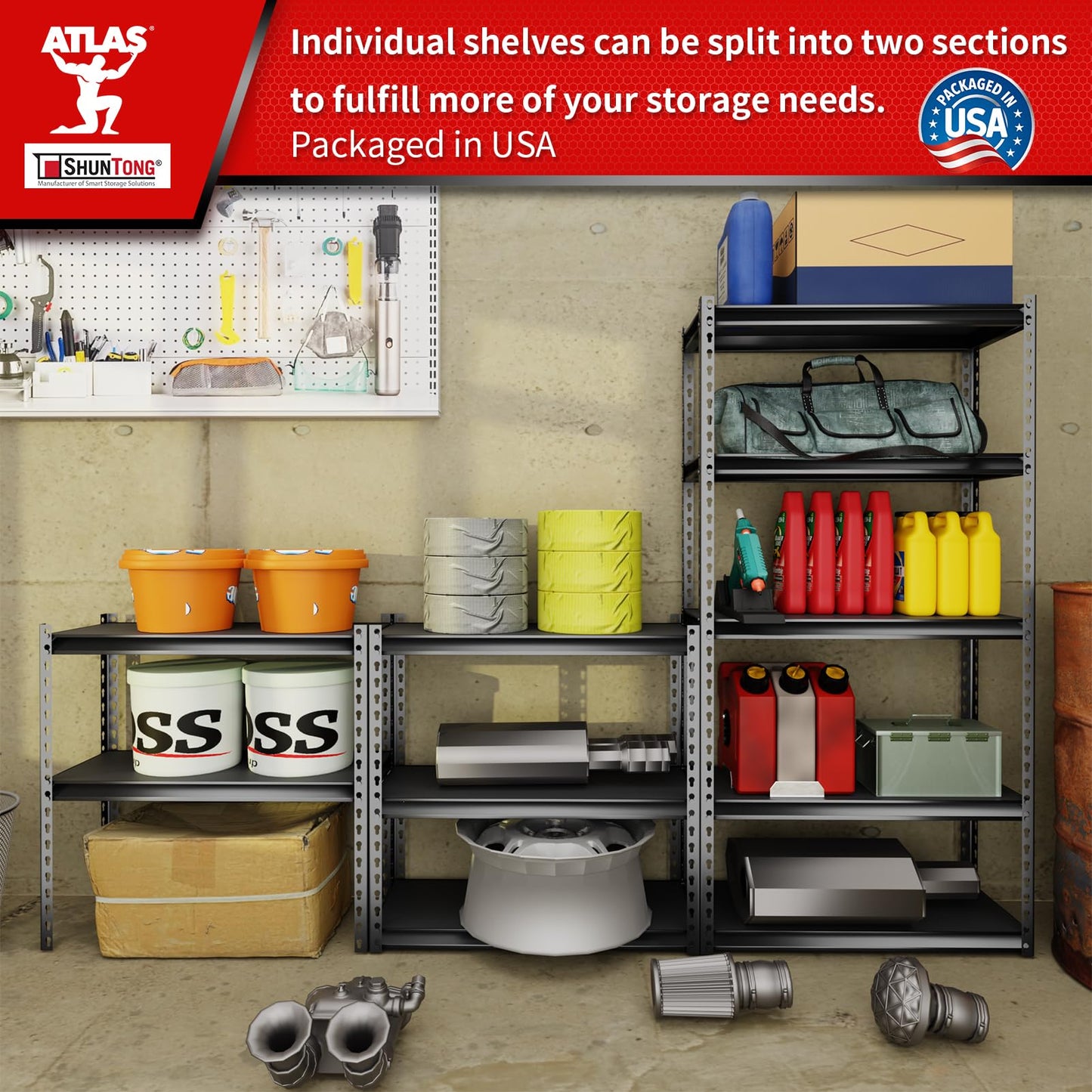Shuntong The Atlas Shelving 30" W x 12" D x 60" H Storage Shelves Load 2000 Lbs, 5 Tier Laminated Board Metal Garage Shelving Unit, Dark Grey