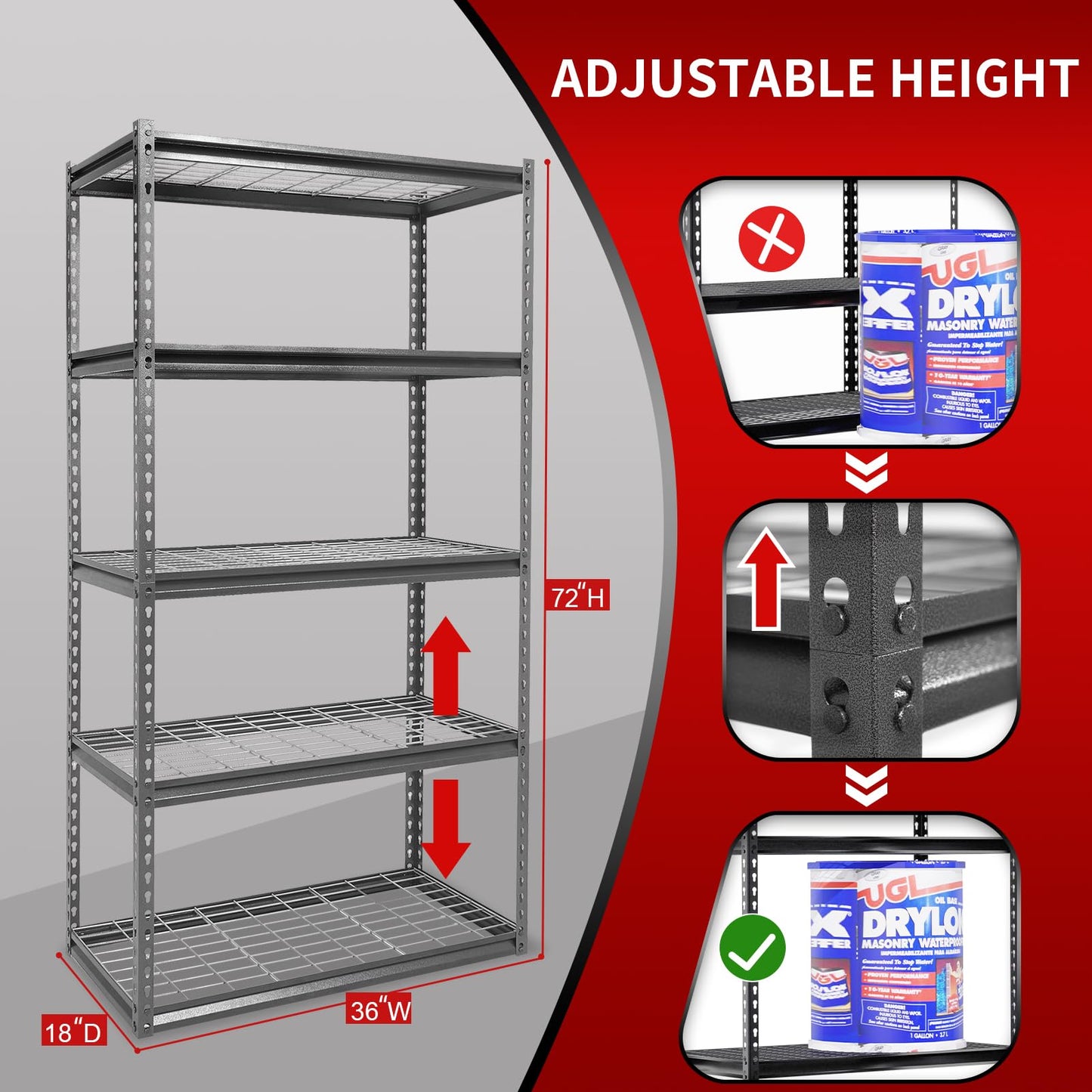 Shuntong The Atlas Shelving 36 W x 18 D x 72 H Adjustable Garage Storage Shelves Load 4000 lbs, 5 Tier Heavy Duty Wire Deck Shelving Unit, Dark Grey