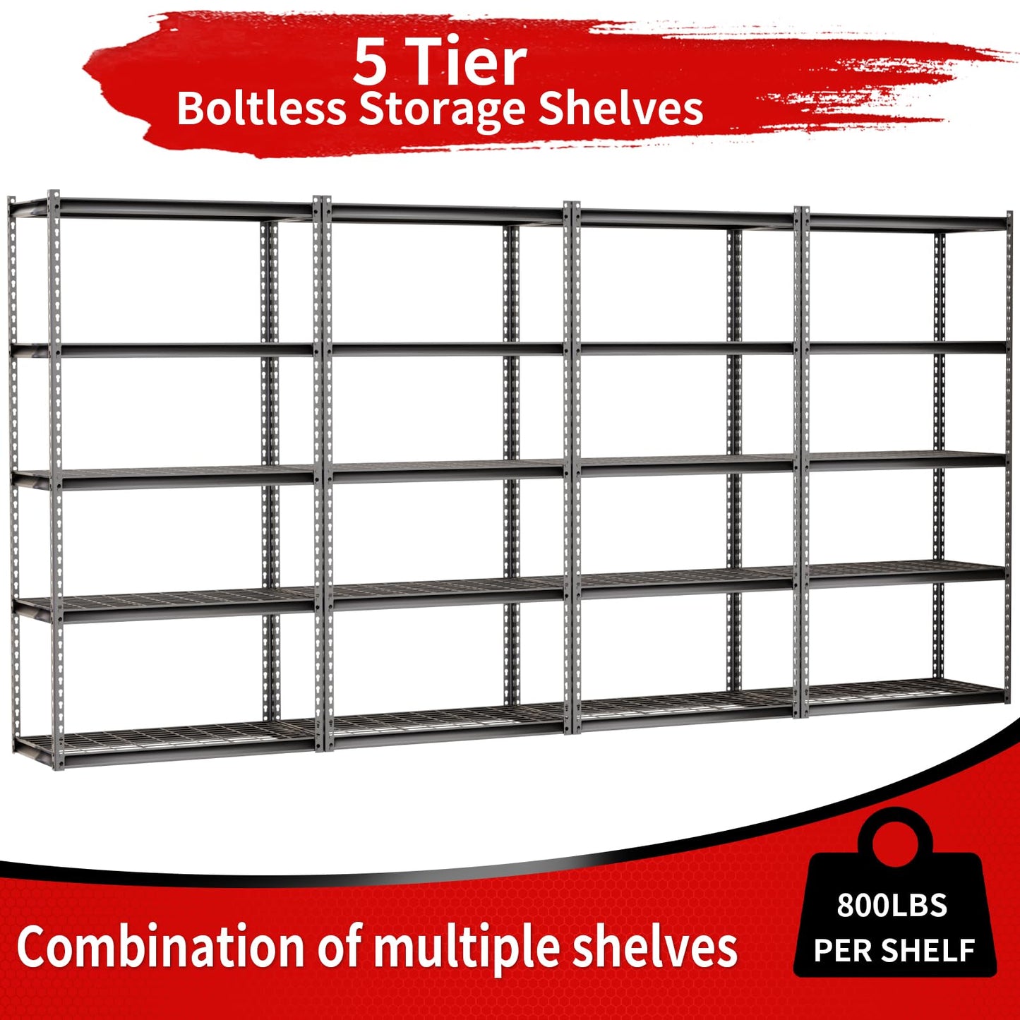 Shuntong The Atlas Shelving 36 W x 18 D x 72 H Adjustable Garage Storage Shelves Load 4000 lbs, 5 Tier Heavy Duty Wire Deck Shelving Unit, Dark Grey