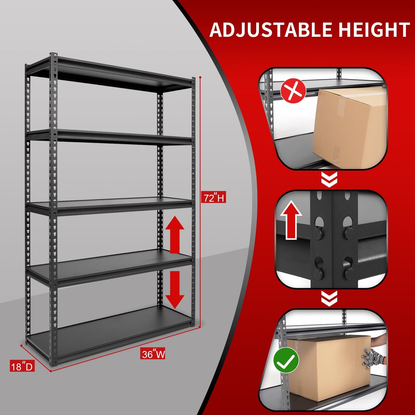 The Atlas 36" W x 18" D x 72" H Adjustable Garage Storage Shelves Load 4000 lbs, 5 Tier Heavy Duty Laminated Board Shelving Unit, Black