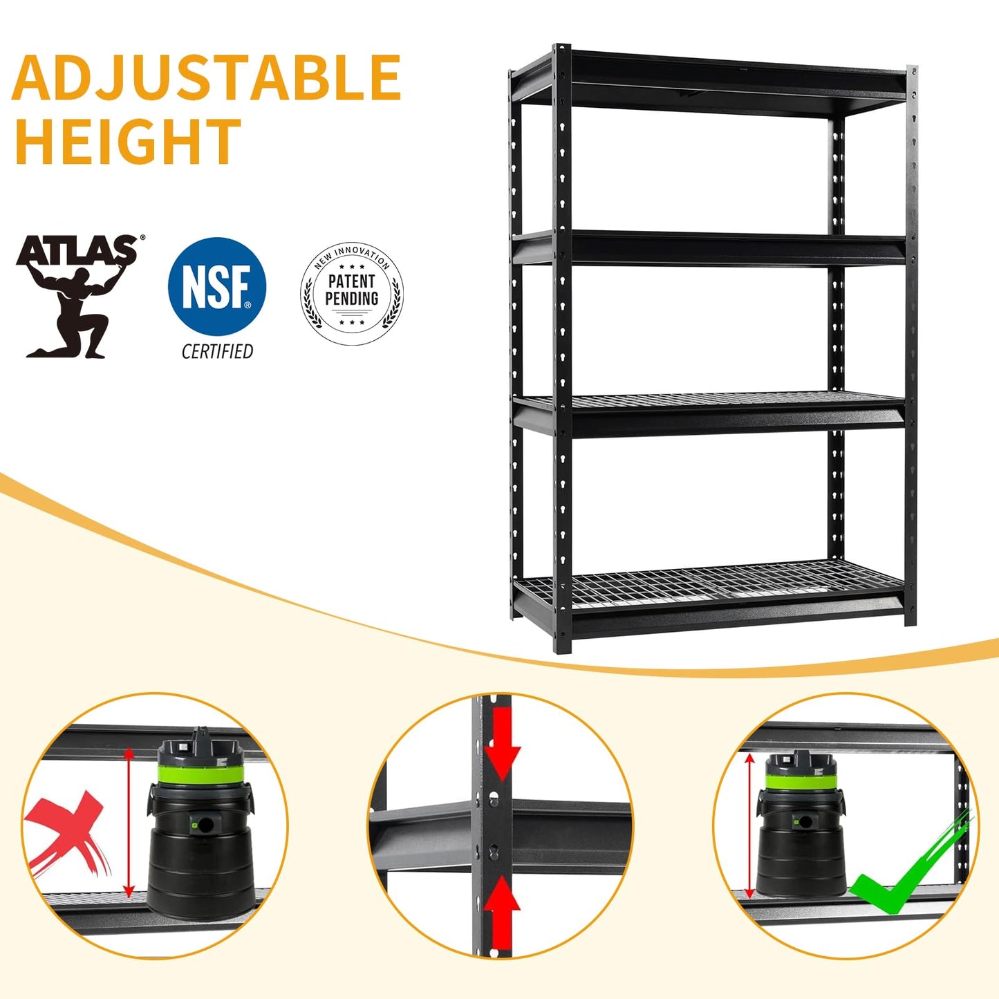 Shuntong The Atlas Shelving 48" W Heavy Duty Garage Shelving Unit Load 12000 Lbs, Metal Wire Deck Shelves for Storage 48" W x 24" D x 72" H, Black