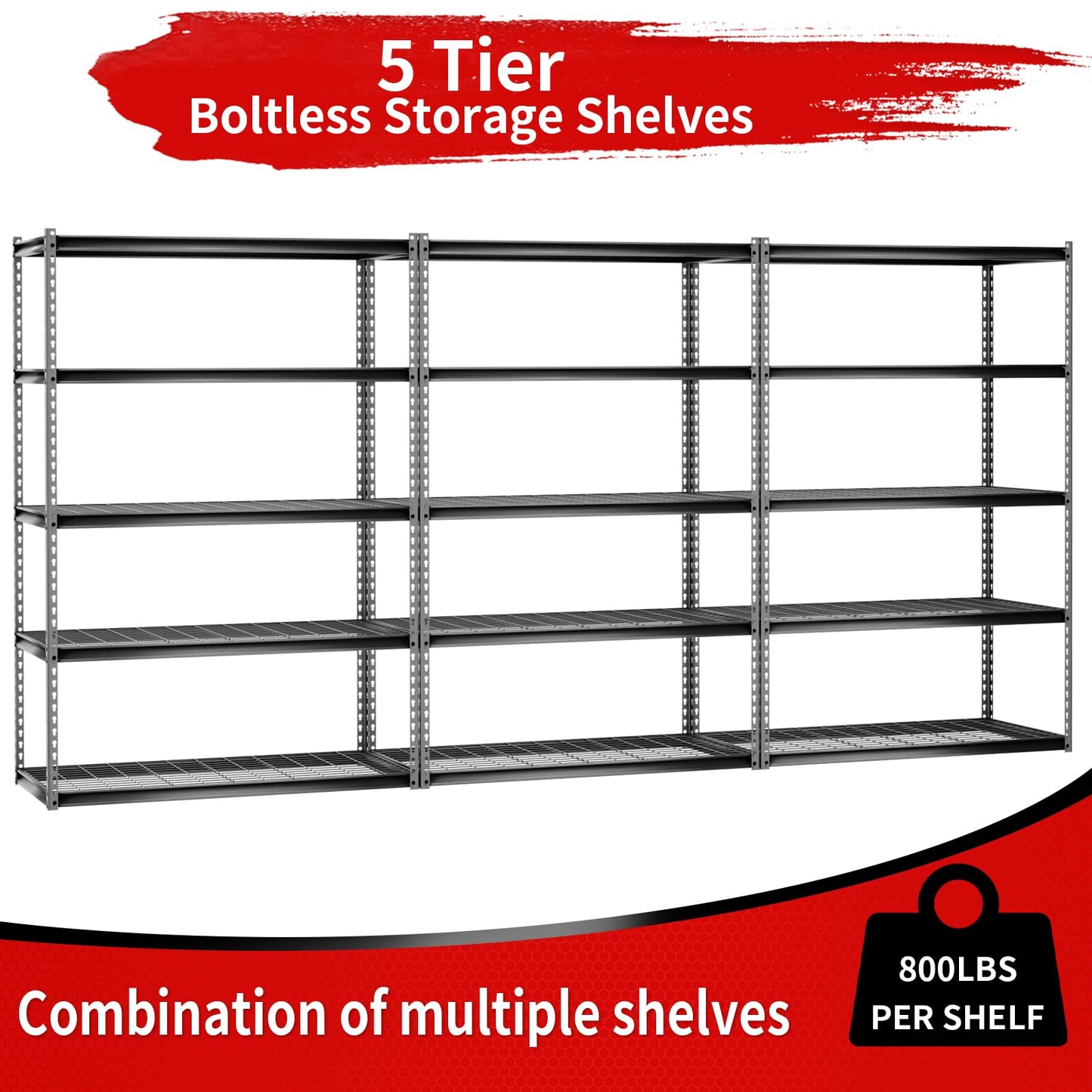 Shuntong The Atlas Shelving 48 W x 24 D x 72 H Adjustable Garage Storage Shelves Load 4000 lbs, 5 Tier Heavy Duty Wire Deck Shelving Unit, Black