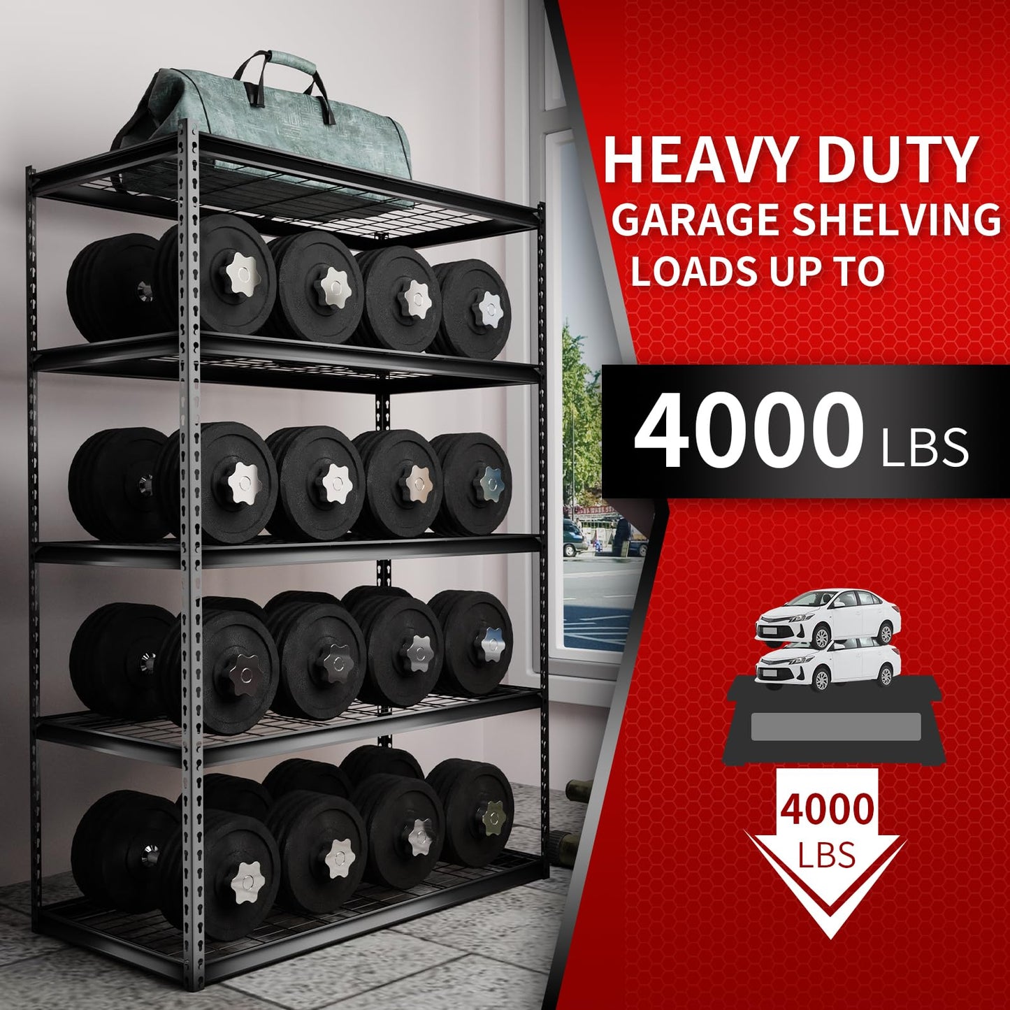 Shuntong The Atlas Shelving 48 W x 24 D x 72 H Adjustable Garage Storage Shelves Load 4000 lbs, 5 Tier Heavy Duty Wire Deck Shelving Unit, Black