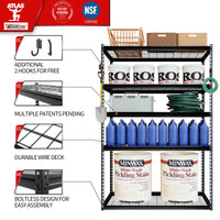 Shuntong The Atlas Shelving 48 W x 24 D x 72 H Adjustable Garage Storage Shelves Load 4000 lbs, 5 Tier Heavy Duty Wire Deck Shelving Unit, Black