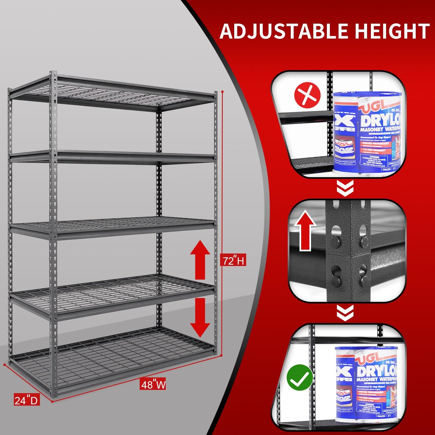 Shuntong The Atlas Shelving 48 W x 24 D x 72 H Adjustable Garage Storage Shelves Load 4000 lbs, 5 Tier Heavy Duty Wire Deck Shelving Unit, Dark Grey