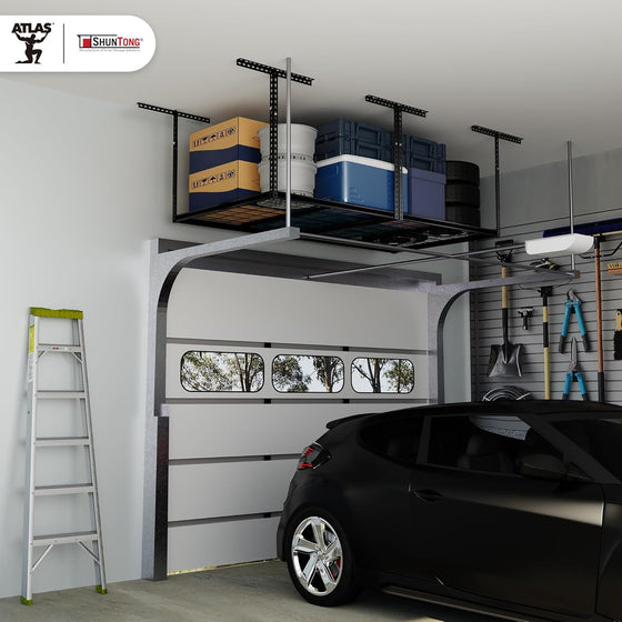 Atlas Pro 4 x 8 ft Overhead Garage Storage Rack, Ultra Duty 1250lbs Weight Capacity, Adjustable Height 26"-48", Hammertone