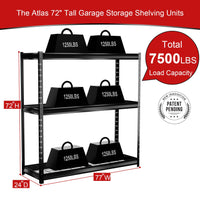 Shuntong The Atlas Shelving 72 H Metal Garage Shelving Unit, 3-Tier Heavy Duty Storage Shelves, 7500 LBS Load Capacity, Industrial Steel Shelf Rack, 77”W x 24”D x 72”H