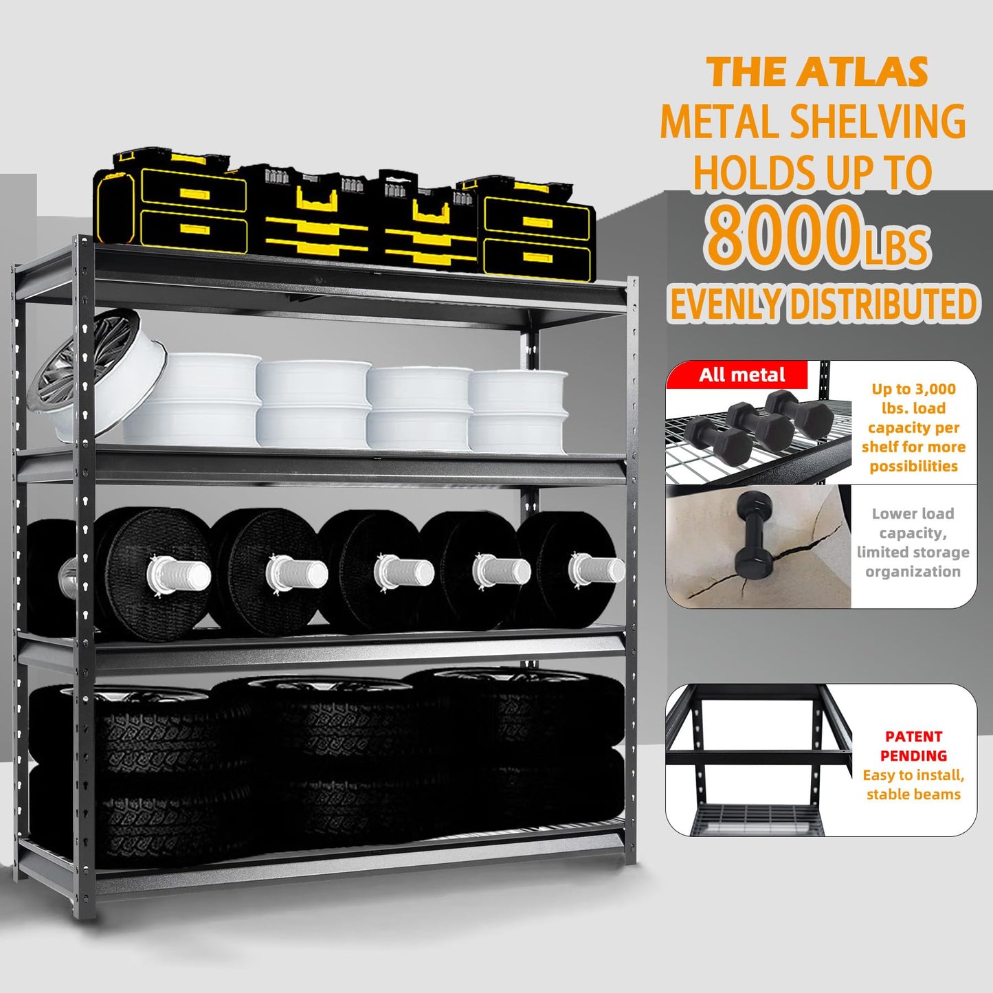 Shuntong The Atlas Shelving 8000 Lbs Heavy Duty Garage Shelving Black 4 Tier Metal Storage Shelves 72"Wx24"Dx72"H