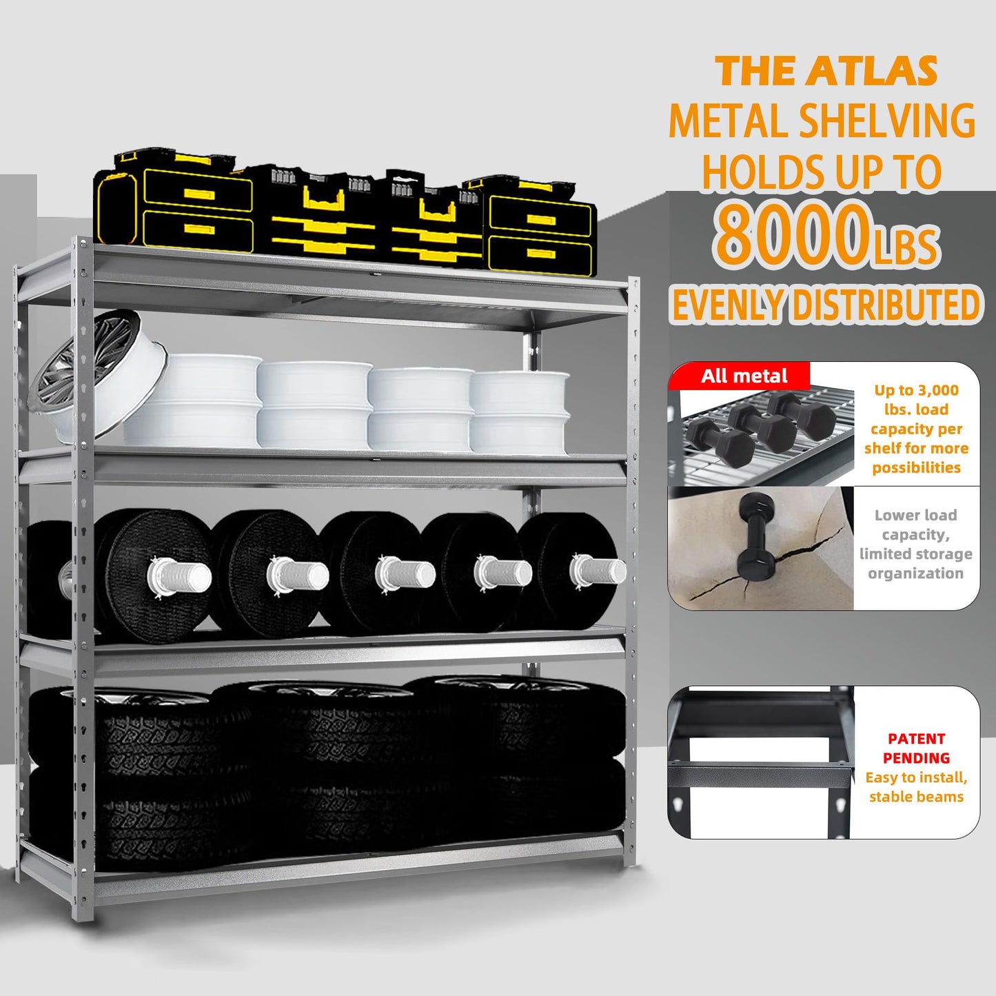 Shuntong The Atlas Shelving 8000 Lbs Heavy Duty Garage Shelving Grey 4 Tier Metal Storage Shelves 72"Wx24"Dx72"H