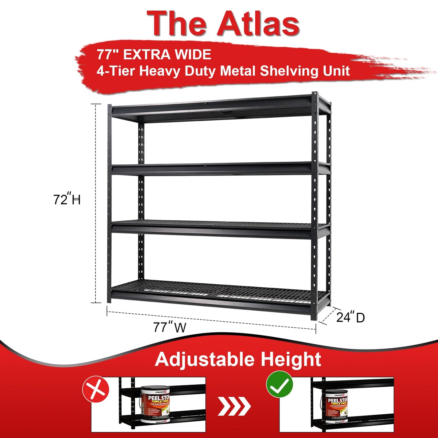 The Atlas 77” Ultra Wide 4-Tier Metal Garage Shelving Unit Load 10000lbs Heavy Duty Storage Rack