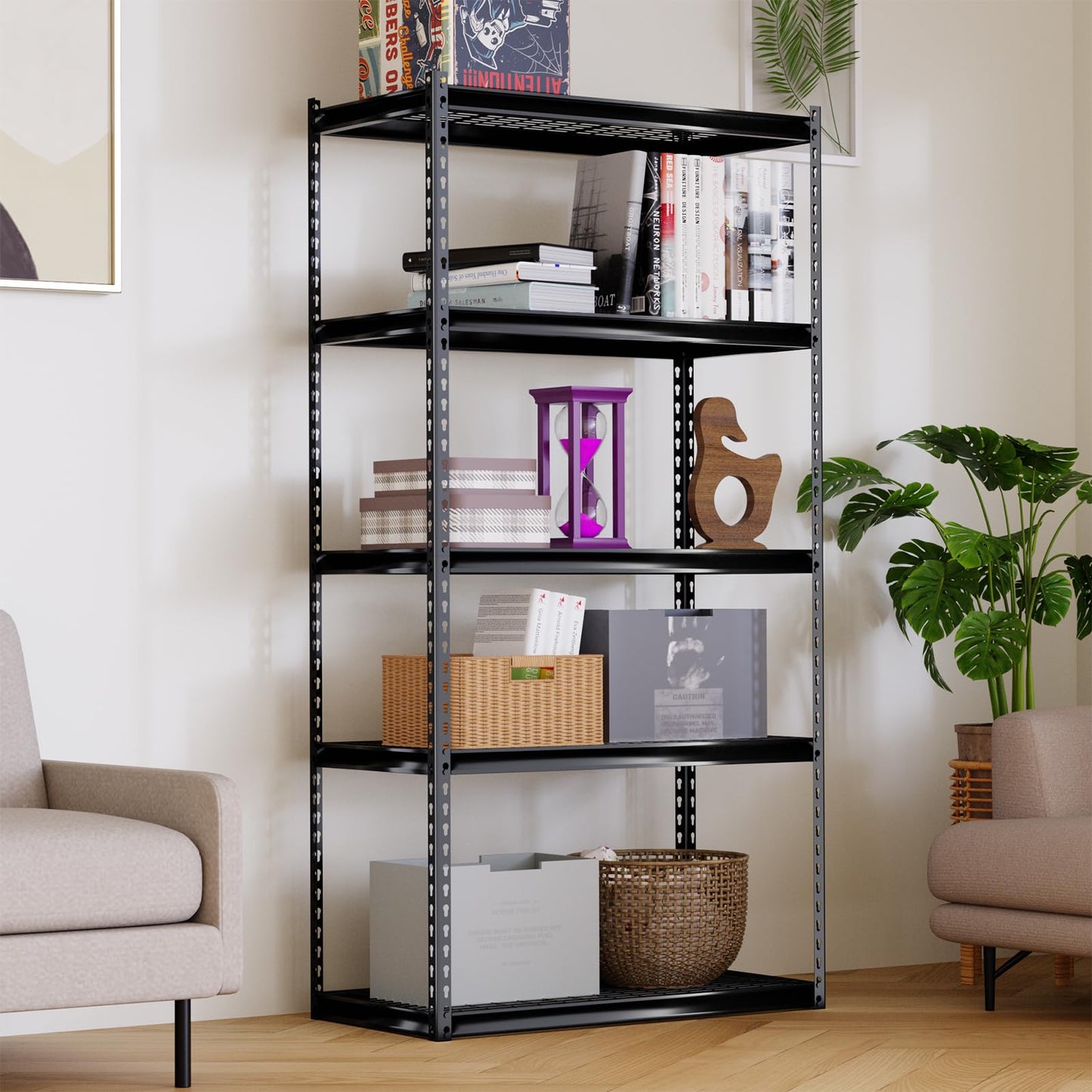 Shuntong The Atlas Shelving 36 W x 18 D x 72 H Adjustable Garage Storage Shelves Load 4000 lbs, 5 Tier Heavy Duty Wire Deck Shelving Unit, Black