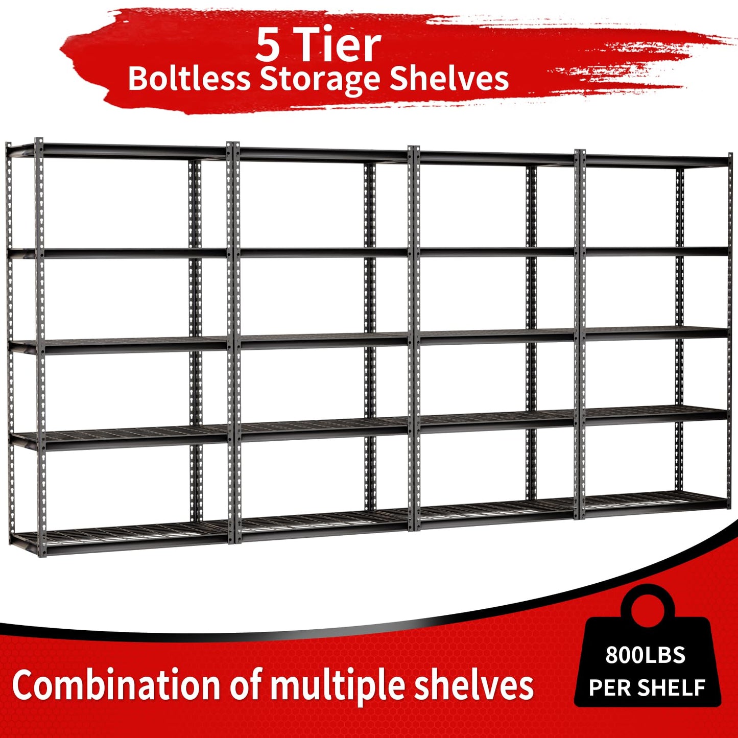 Shuntong The Atlas Shelving 36 W x 18 D x 72 H Adjustable Garage Storage Shelves Load 4000 lbs, 5 Tier Heavy Duty Wire Deck Shelving Unit, Black