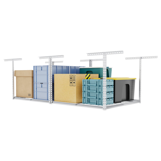 The Atlas 4 x 8 ft Adjustable Height Overhead Garage Storage Rack 900 lbs Heavy Duty Capacity White