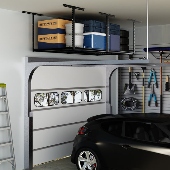 Atlas Pro 4 x 8 ft Overhead Garage Storage Rack, Ultra Duty 1250lbs Weight Capacity, Adjustable Height 26"-48", Hammertone